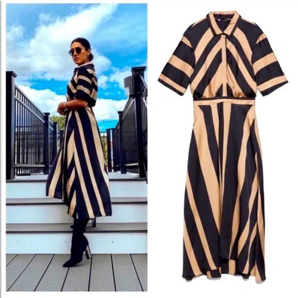 Zara gold and black satin effect striped dress blogger favorite